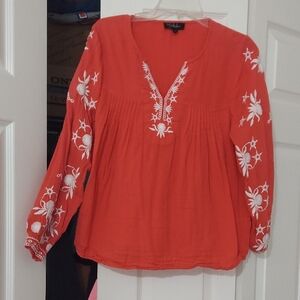 Orange Blouse with White Embroidery Pheasant Type Shirt..comfortable Size S